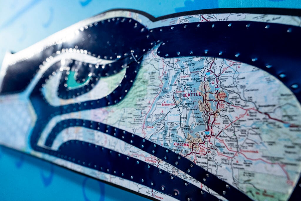 A general view of the Seattle Seahawks sign in the tunnel during the NFL football draft at Acrisure Stadium.