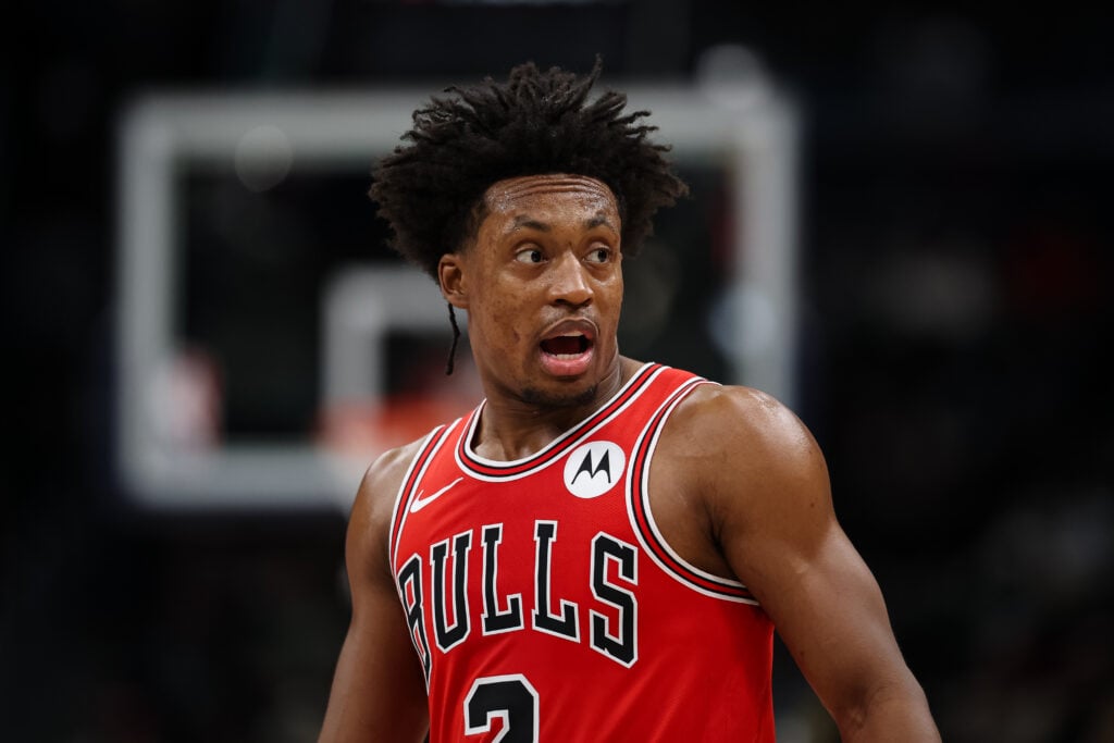 Collin Sexton #2 of the Chicago Bulls reacts during the second half against the Washington Wizards at Capital One Arena.