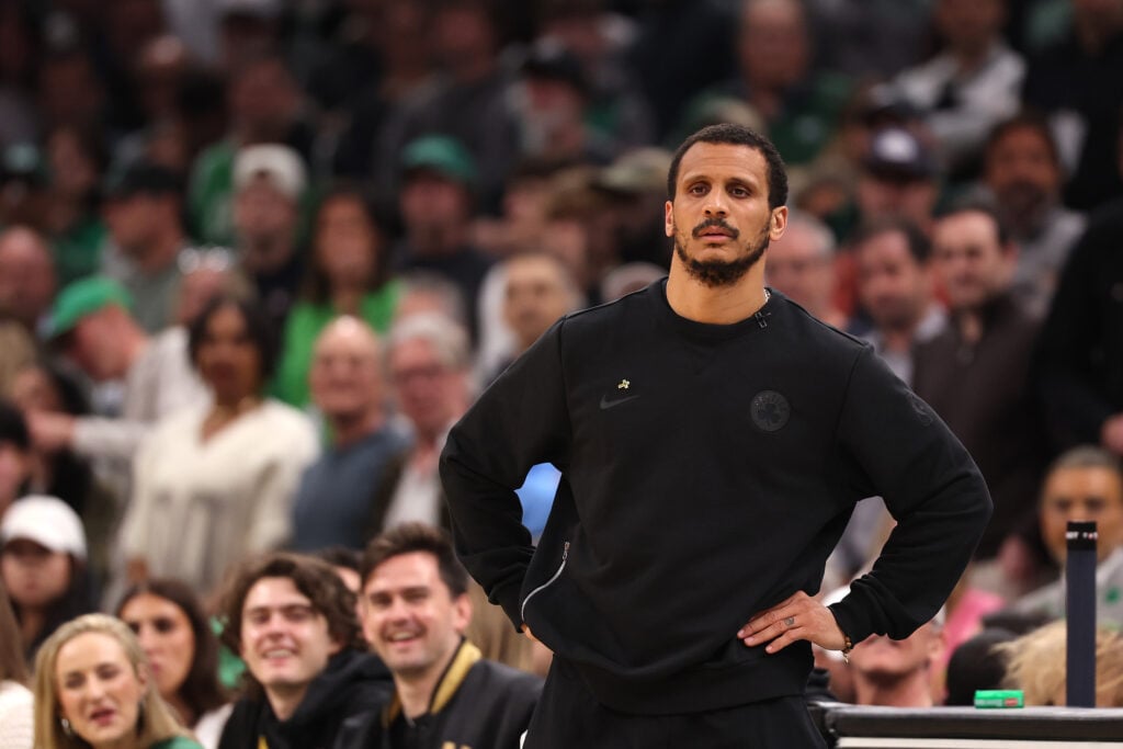 Head coach Joe Mazzulla of the Boston Celtics looks on during the second quarter against the Philadelphia 76ers in Game Five of the First Round of the NBA Eastern Conference Playoff at TD Garden on April 28, 2026 in Boston, Massachusetts.