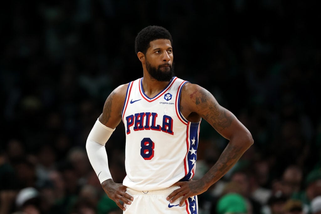 Paul George #8 of the Philadelphia 76ers looks on during the first half of Game Five of the First Round of the NBA Eastern Conference Playoff at TD Garden on April 28, 2026 in Boston, Massachusetts.