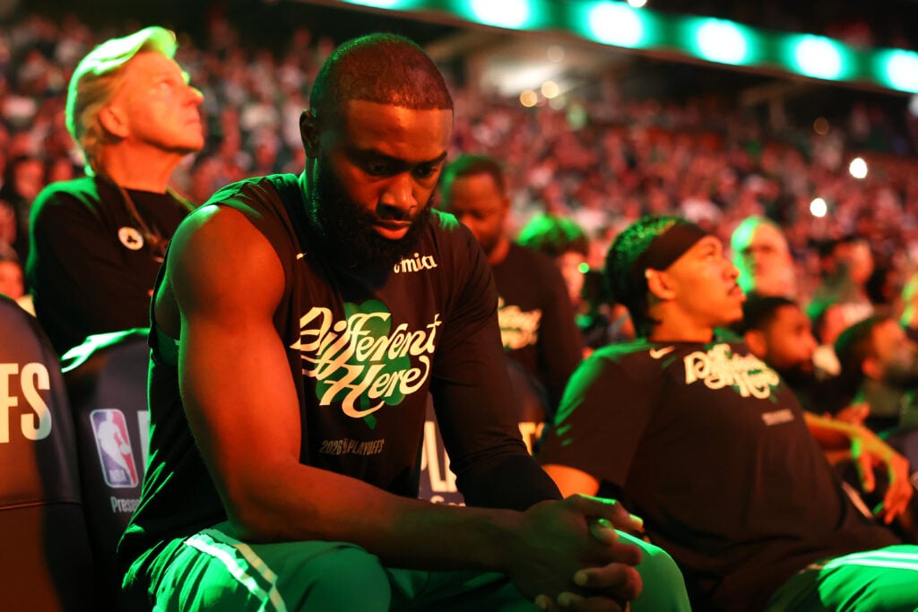 Jaylen Brown #7 of the Boston Celtics looks on during introductions prior to a game against the Philadelphia 76ers in Game Seven of the First Round of the NBA Eastern Conference Playoffs at TD Garden on May 02, 2026 in Boston, Massachusetts.