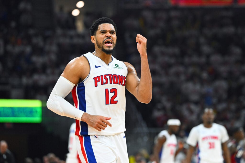 Tobias Harris #12 of the Detroit Pistons reacts during the second half of Game Three of the Second Round of the NBA Eastern Conference Playoffs against the Cleveland Cavaliers at Rocket Arena on May 09, 2026 in Cleveland, Ohio. The Cavaliers defeated the Pistons 116-109.