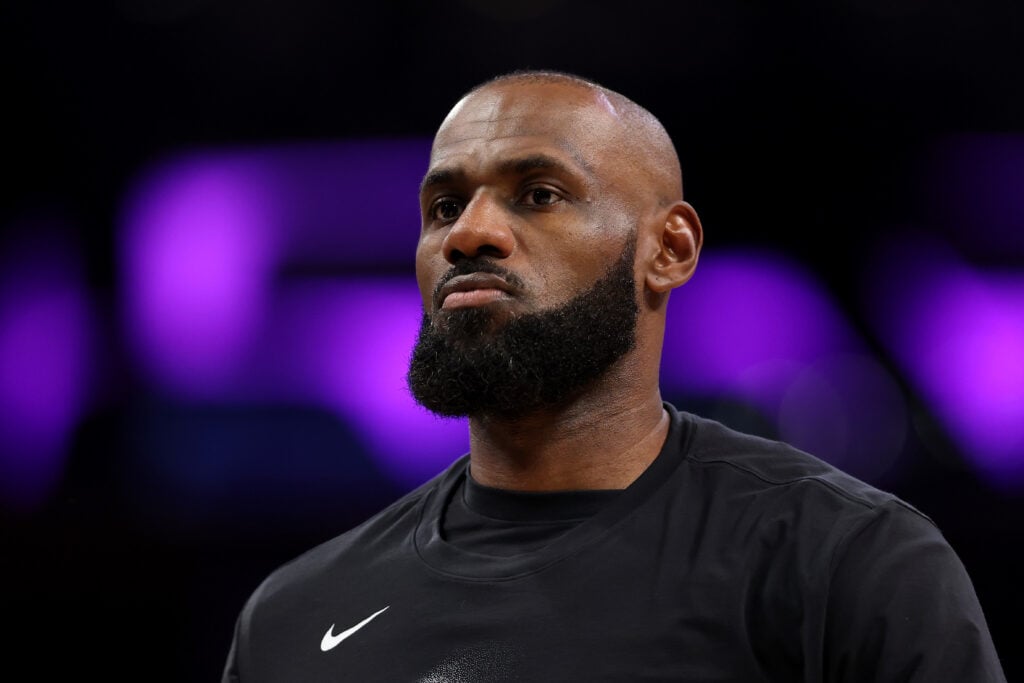 LeBron James #23 of the Los Angeles Lakers warms up before the game against the Oklahoma City Thunder in Game Four of the Second Round of the NBA Western Conference Playoffs.