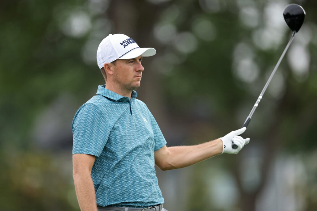 Jordan Spieth reacts to his tee shot on the 12th hole during the second round of The CJ CUP Byron Nelson