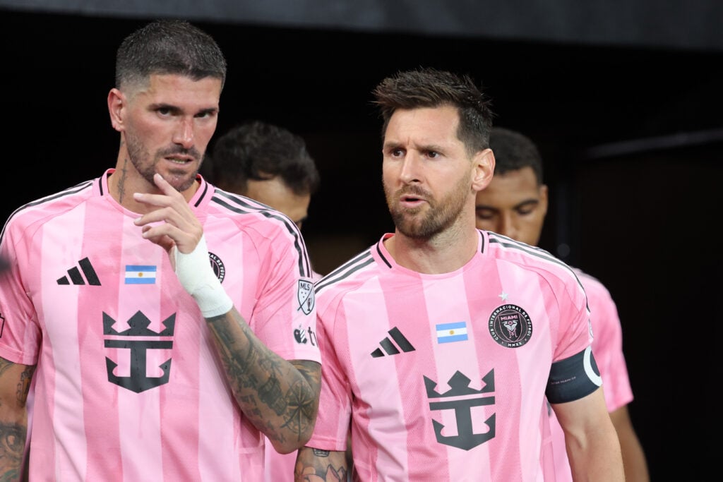 Rodrigo De Paul #7 and Lionel Messi #10 of Inter Miami CF chat during the MLS match between Inter Miami CF and Philadelphia Union at Nu Stadium on May 24, 2026 in Miami, Florida.