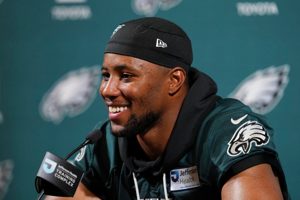 Saquon Barkley #26 of the Philadelphia Eagles talks to the media during OTA offseason workouts at Jefferson Health Training Complex.