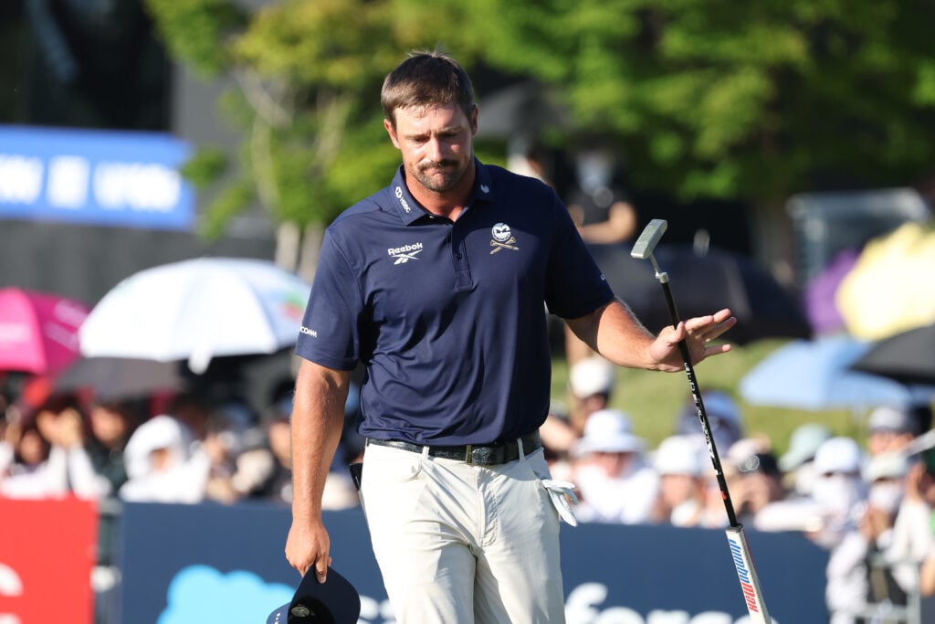 Bryson DeChambeau of Crushers GC reacts after holing out on the 18th green during day four of LIV Golf Korea