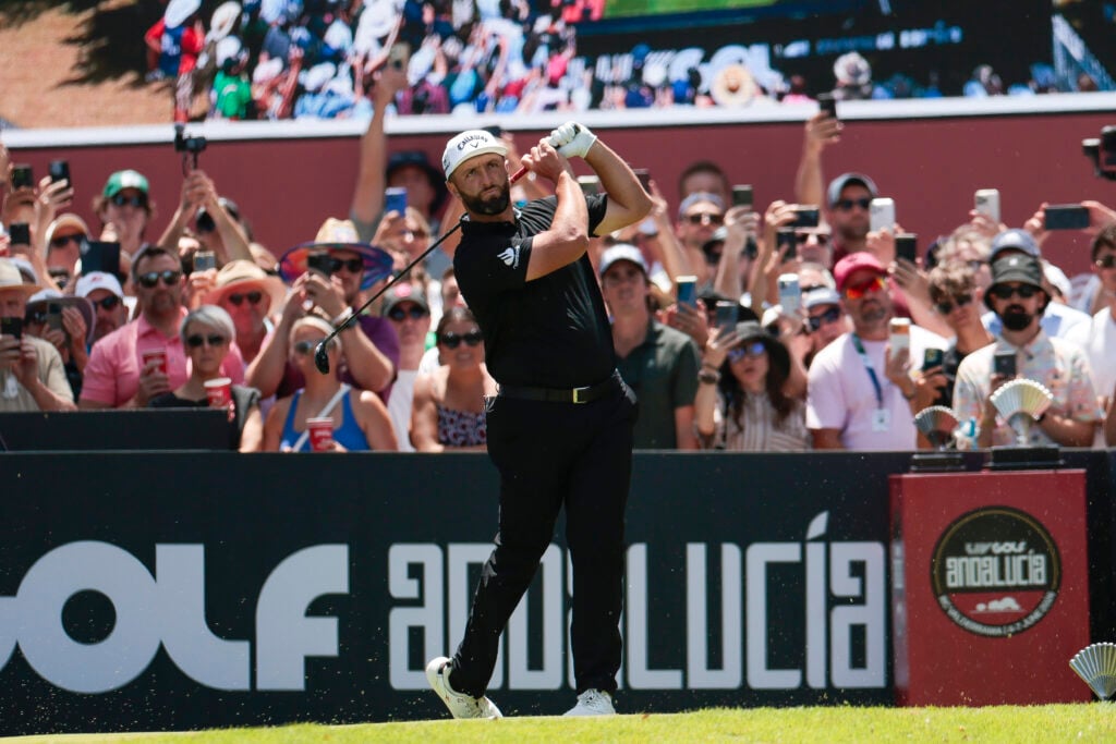 Jon Rahm tees off during the final round of LIV Golf Andalucia at Valderrama