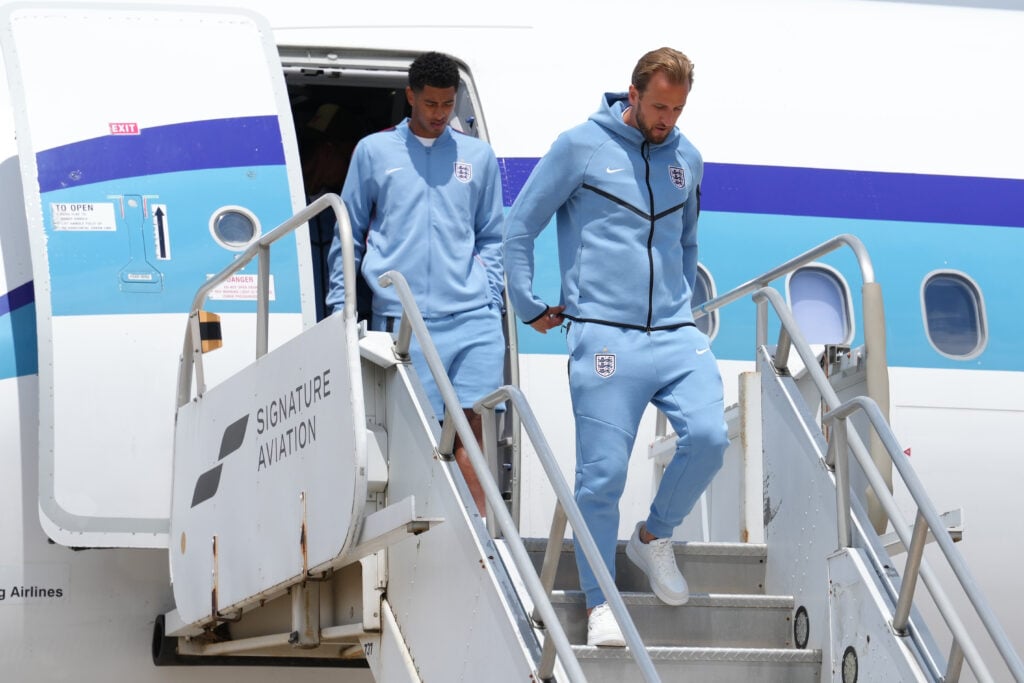 Harry Kane and Jude Bellingham of England arrive for the FIFA World Cup 2026 at Charles B. Wheeler Downtown Airport