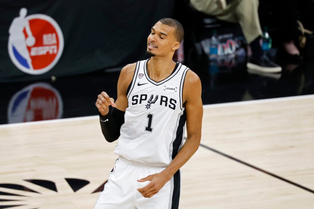 Victor Wembanyama #1 of the San Antonio Spurs reacts during the third quarter against the New York Knicks in Game Five of the 2026 NBA Finals at Frost Bank Center on June 13, 2026 in San Antonio, Texas.