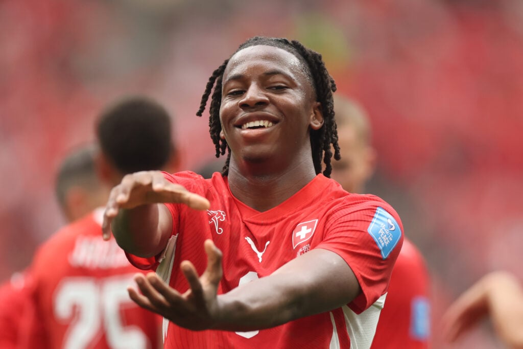 Johan Manzambi #9 of Switzerland celebrates scoring his team's second goal during the FIFA World Cup 2026 Group B match between Switzerland and Canada.
