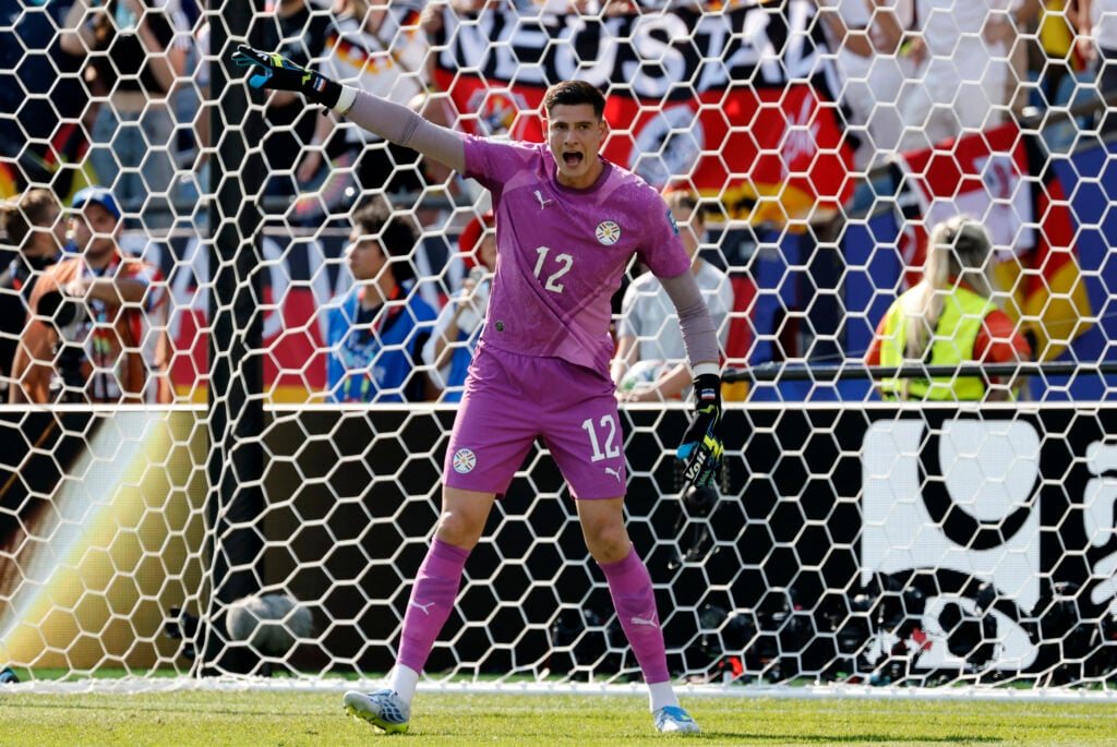 Orlando Gill #12 of Paraguay directs his team during a FIFA World Cup 2026 Round of 32 match between Germany and Paraguay on June 29, 2026 at Boston Stadium.