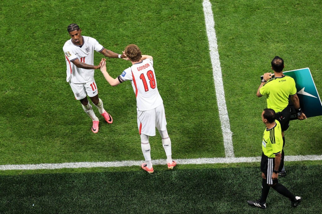 Anthony Gordon of England is substituted on for Marcus Rashford of England during the FIFA World Cup 2026 Round Of 32 match between England and Congo DR.