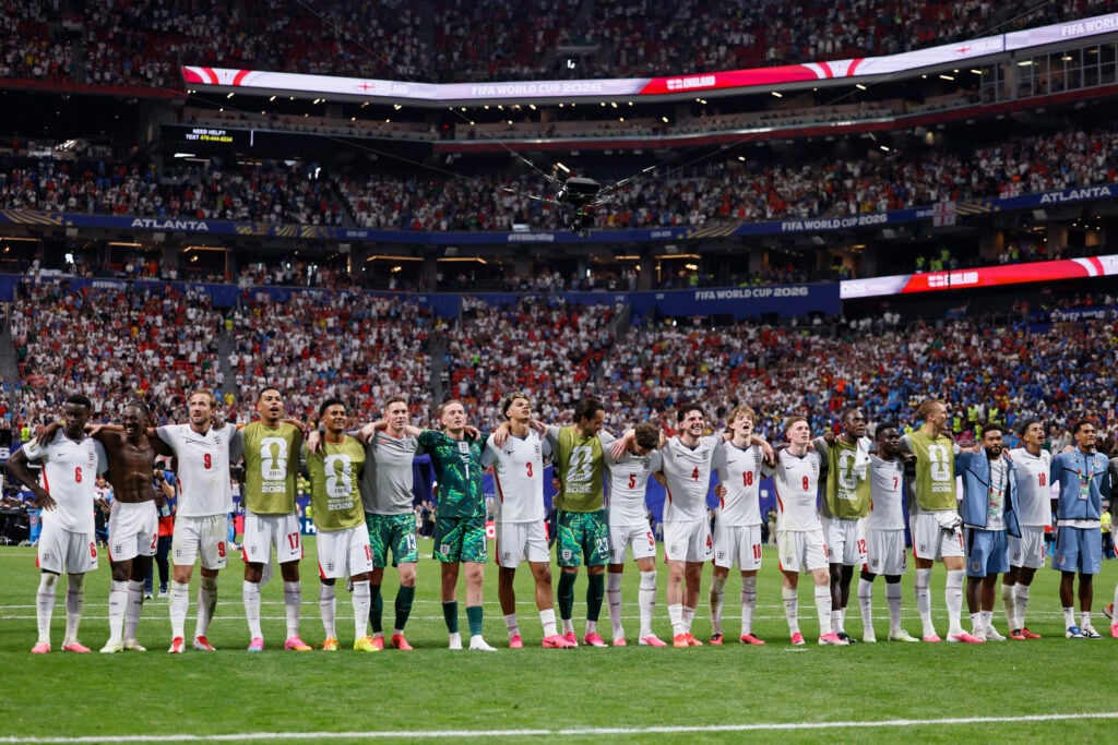 Marc Guehi, Eberechi Eze, Harry Kane, Morgan Rogers, Ollie Watkins, Dean Henderson, Jordan Pickford, Nico O'Reilly, James Trafford, John Stones, Declan Rice, Anthony Gordon, Elliot Anderson, Trevoh Chalobah, Bukayo Saka, Dan Burn, Reece James, Jude Bellingham and Jarell Quansah of England celebrate after winning the FIFA World Cup 2026 Round Of 32 match between England and Congo DR at Atlanta Stadium
