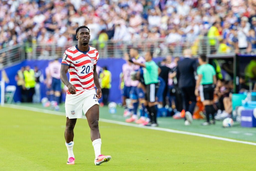 Folarin Balogun #20 of United States of America walks off the field after receiving a red card during the FIFA World Cup 2026 Round of 32 match between United States of America and Bosnia and Herzegovina.