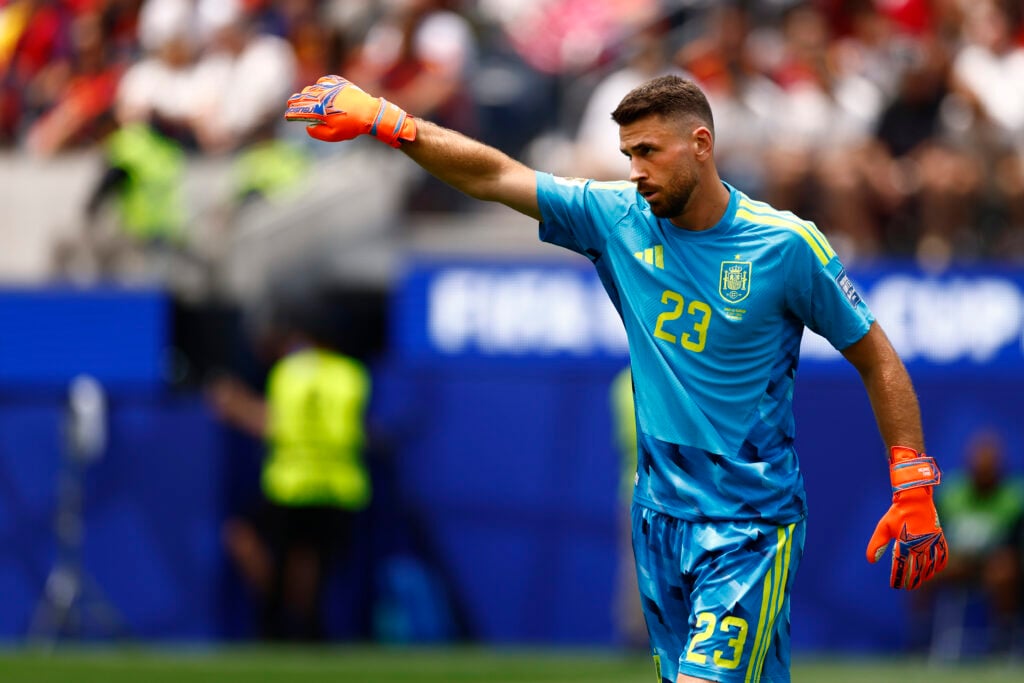 Spain goalkeeper Unai Simón (23) during the first half of a World Cup round of 32 knock out match between Spain and Austria at SoFi Stadium.