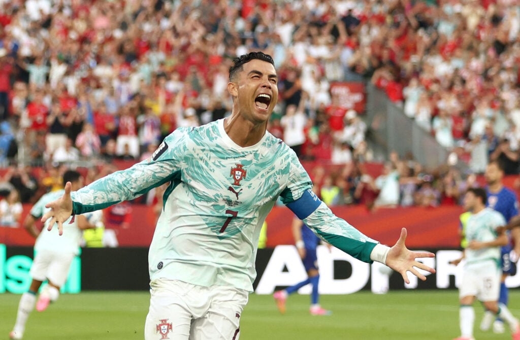 Portugal's forward #07 Cristiano Ronaldo celebrates after scoring his team's first goal from the penalty spot during the 2026 World Cup round of 32 football match between Portugal and Croatia at the Toronto Stadium.