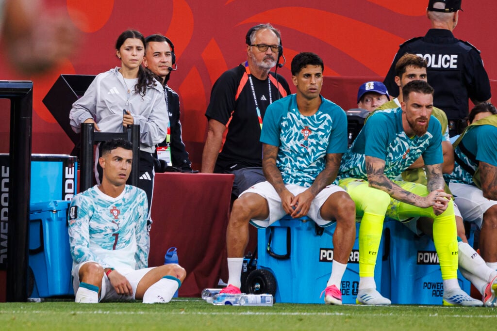 Cristiano Ronaldo of Portugal looks on from the substitute's bench during the FIFA World Cup 2026 Round Of 32 match between Portugal and Croatia at Toronto Stadium.