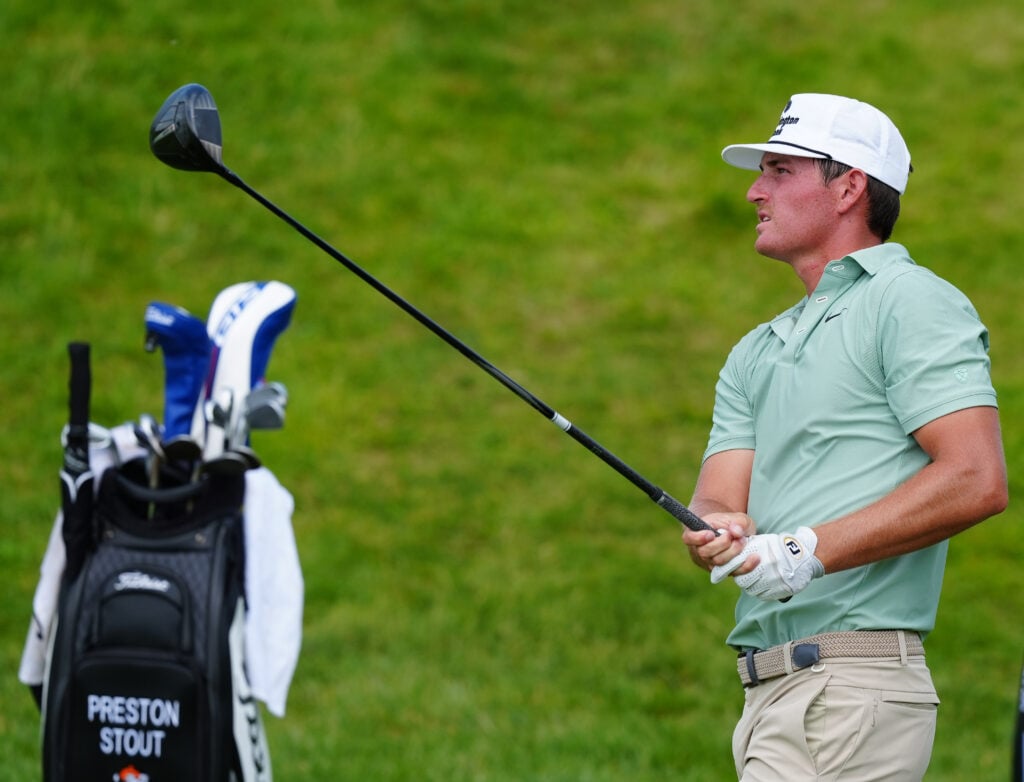 Preston Stout plays his tee shot on the 10th hole during the second round of the John Deere Classic at TPC Deere Run