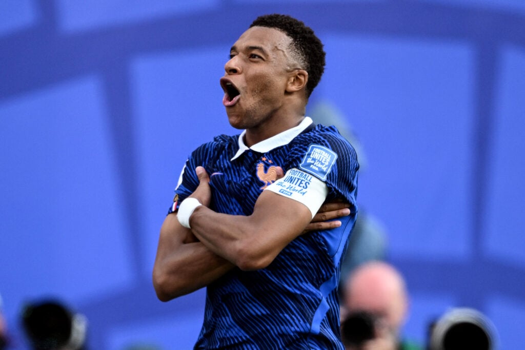 Kylian Mbappe' of France celebrates his second goal during the FIFA World Cup 2026 Round Of 32 match between France and Sweden.