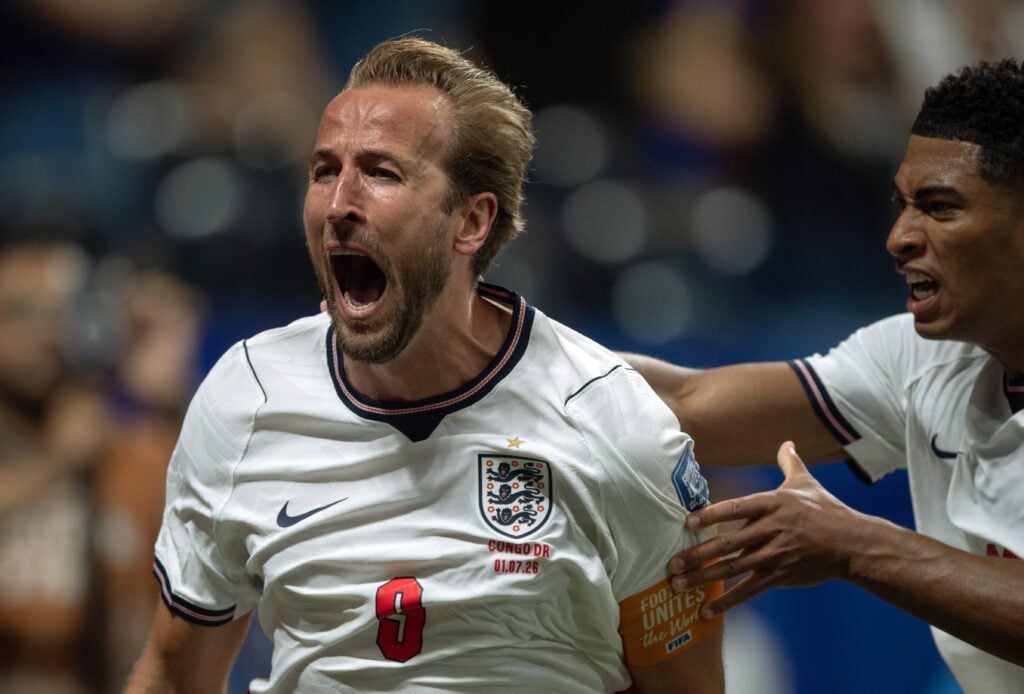 Harry Kane of England celebrates scoring his team's first goal during the FIFA World Cup 2026 Round Of 32 match between England and Congo DR at Atlanta Stadium
