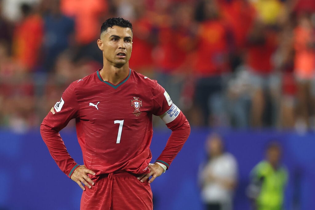 Cristiano Ronaldo of Portugal reacts during the FIFA World Cup 2026 Round of 16 match between Portugal and Spain at Dallas Stadium on July 6, 2026 in Arlington, United States.