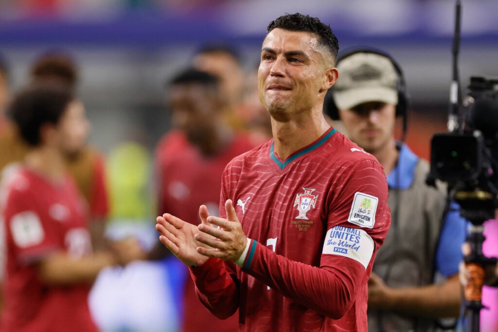 Cristiano Ronaldo of Portugal in tears after the FIFA World Cup 2026 Round Of 16 match between Portugal and Spain at Dallas Stadium.