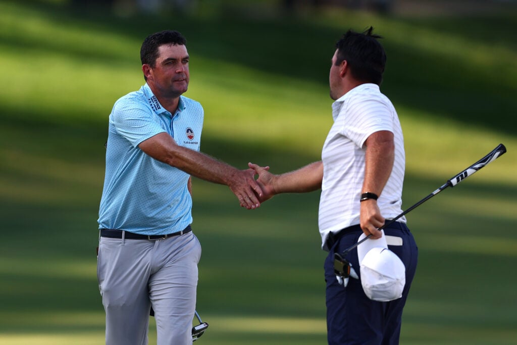 Chris Gotterup and Keegan Bradley shake hands after the first round of the John Deere Classic