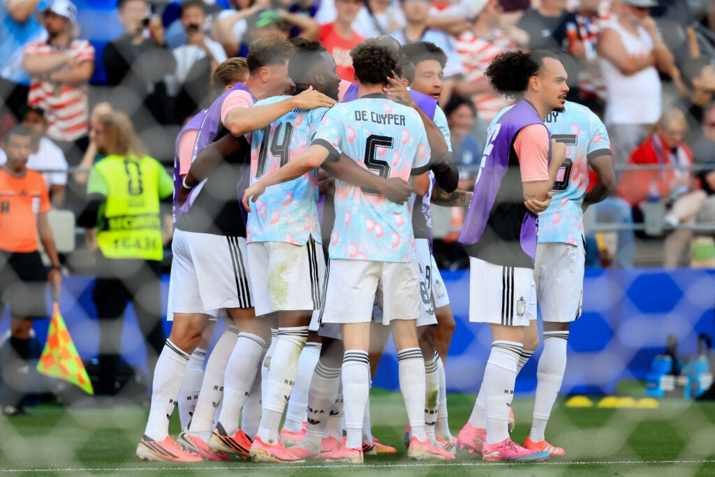 Hans Vanaken of Belgium celebrates with his teammates after scoring his sides third goal during the FIFA World Cup 2026 Round Of 16 match between USA and Belgium at Seattle Stadium on July 6, 2026 in Seattle, Washington.