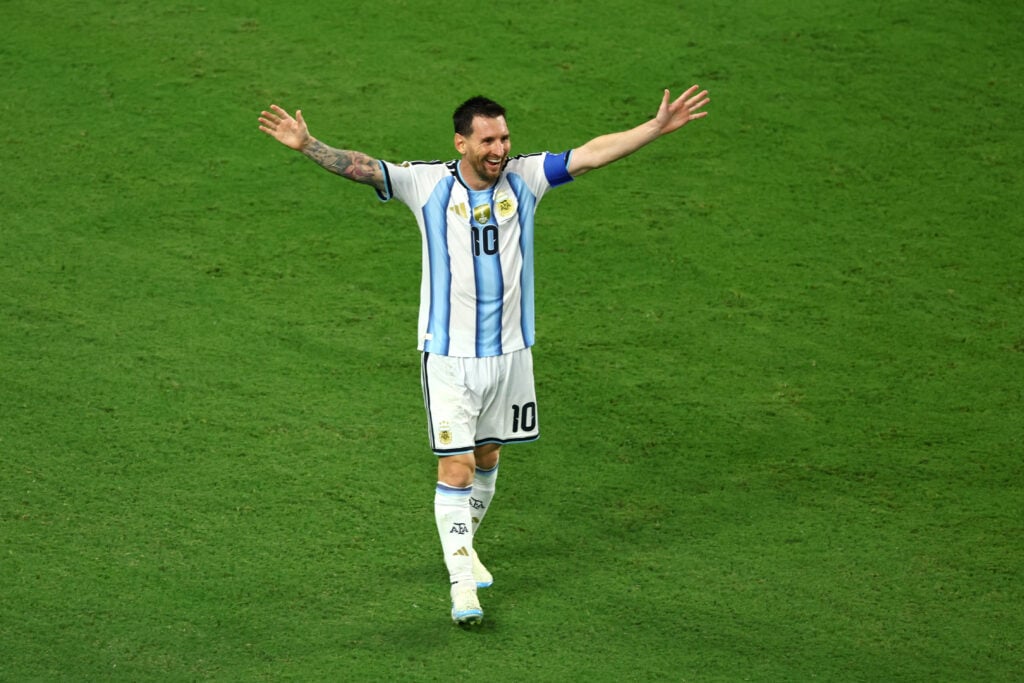 Lionel Messi #10 of Argentina celebrates after the team's third goal off an own goal by Diney Borges #3 of Cabo Verde during the FIFA World Cup 2026 Round of 32 match between Argentina and Cabo Verde.