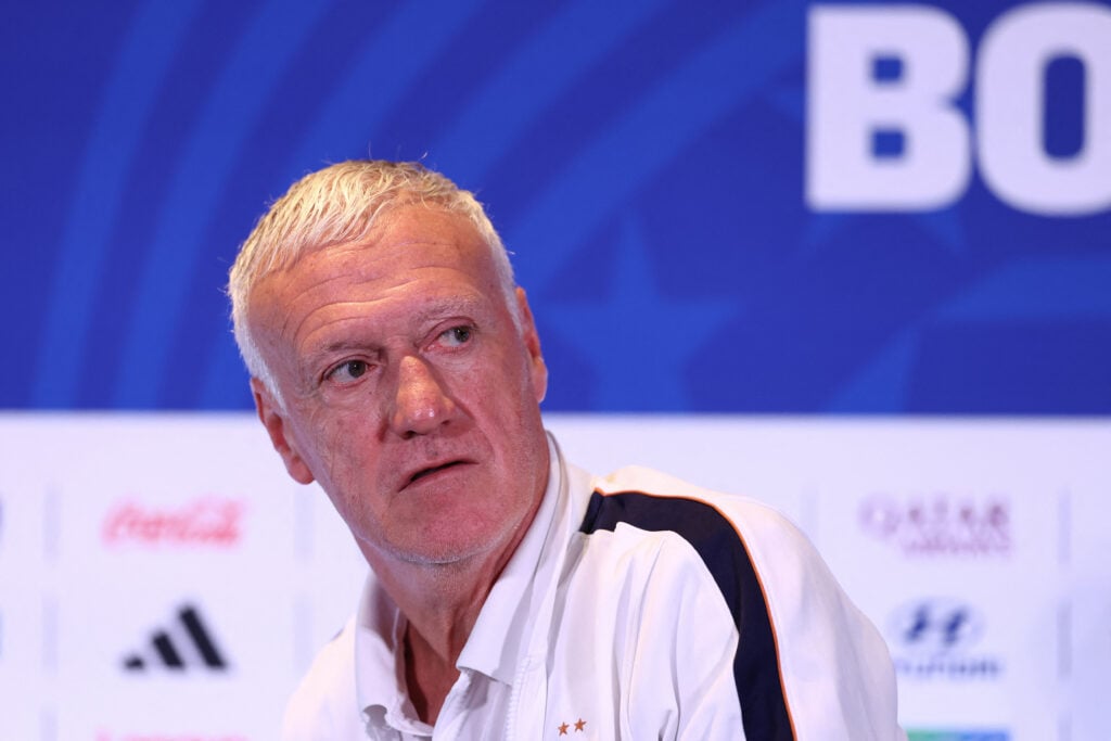 France's head coach Didier Deschamps gives a press conference at Gillette Stadium in Foxborough, Massachusetts, on July 08, 2026, during the 2026 World Cup football tournament.
