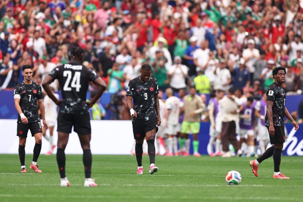 Canada players look dejected during the FIFA World Cup 2026 Round Of 16 match between Canada and Morocco at Houston Stadium.