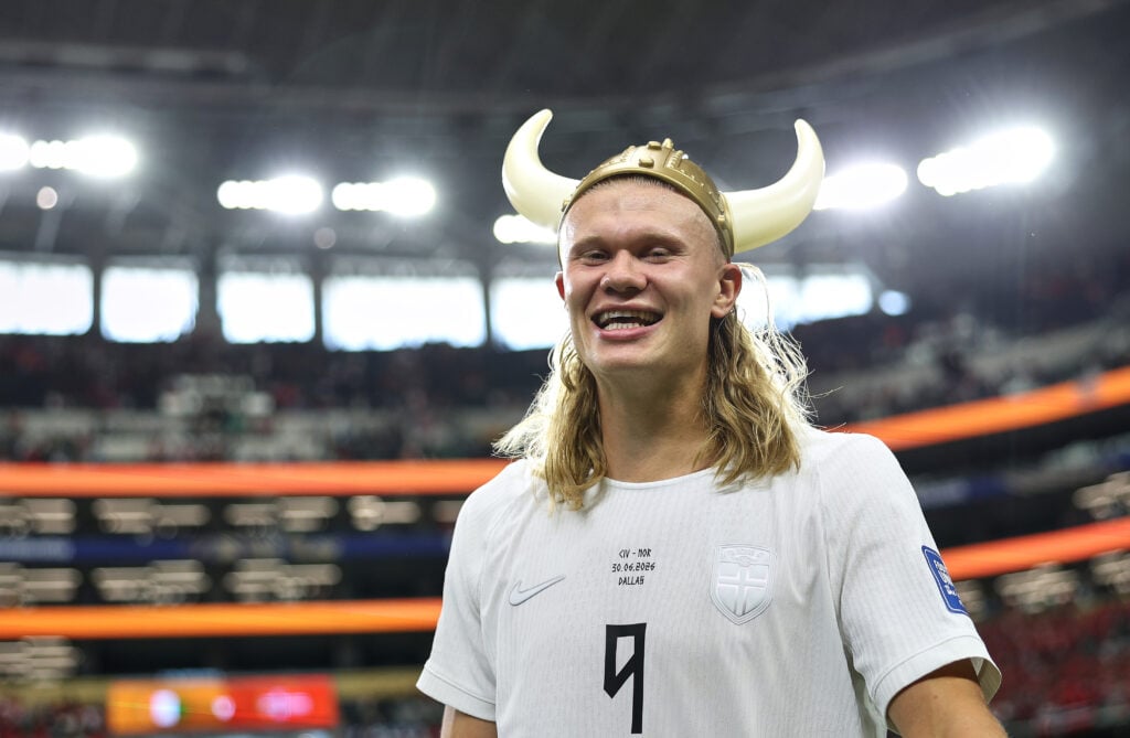 Erling Haaland #9 of Norway wears a viking helmet following their 2-1 win during the FIFA World Cup 2026 Round Of 32 match between Cote d'Ivoire and Norway at Dallas Stadium.