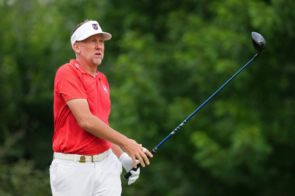 Ian Poulter tees off on the second hole during the final round of the US Senior Open at Scioto