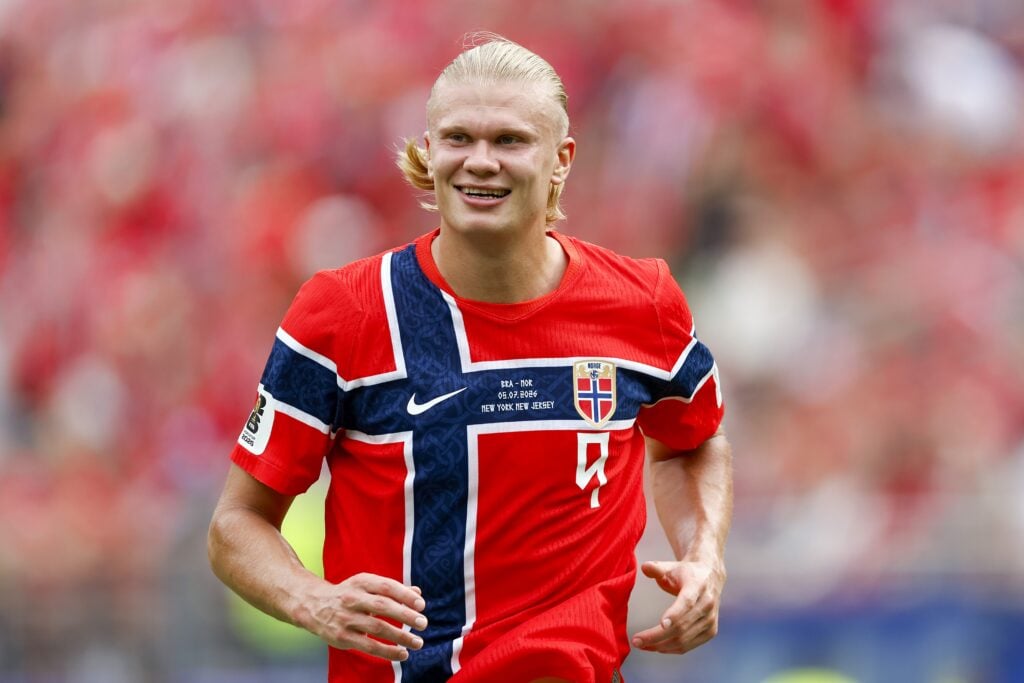 Erling Haaland of Norway during the 2026 FIFA World Cup round of 16 match between Brazil and Norway at Metlife Stadium.