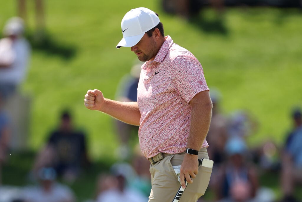 Chris Gotterup celebrates making a birdie on the 17th hole during the final round of the John Deere Classic