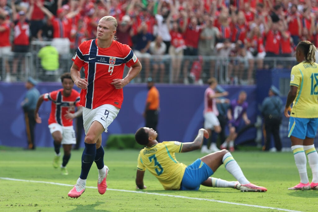 Erling Haaland #9 of Norway celebrates after scoring his team's first goal while Gabriel Magalhaes #3 of Brazil shows dejection during the FIFA World Cup 2026 Round of 16 match between Brazil and Norway at New York New Jersey Stadium on July 05, 2026 in East Rutherford, New Jersey.