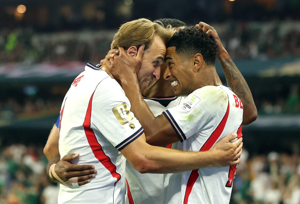Jude Bellingham #10 of England celebrates scoring his team's second goal with Harry Kane #9 during the FIFA World Cup 2026 Round of 16 match between Mexico and England.