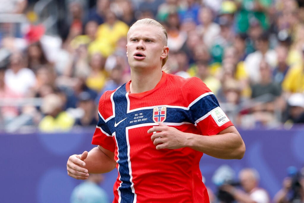 Erling Haaland #9 of Norway during the FIFA World Cup 2026 Round Of 16 football match between Brazil and Norway at New York New Jersey Stadium on July 5, 2026 in East Rutherford, New Jersey.