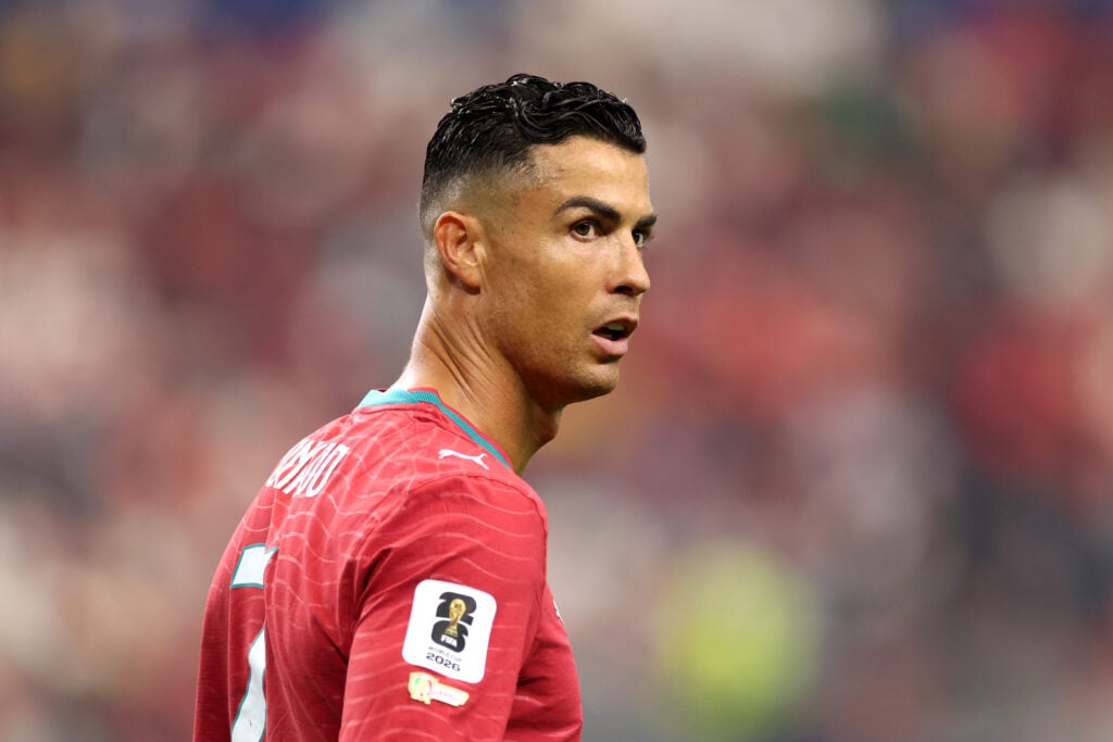 Cristiano Ronaldo #7 of Portugal walks off the pitch after the team's 0-1 defeat in the FIFA World Cup 2026 Round of 16 match between Portugal and Spain at Dallas Stadium on July 06, 2026 in Arlington, Texas.