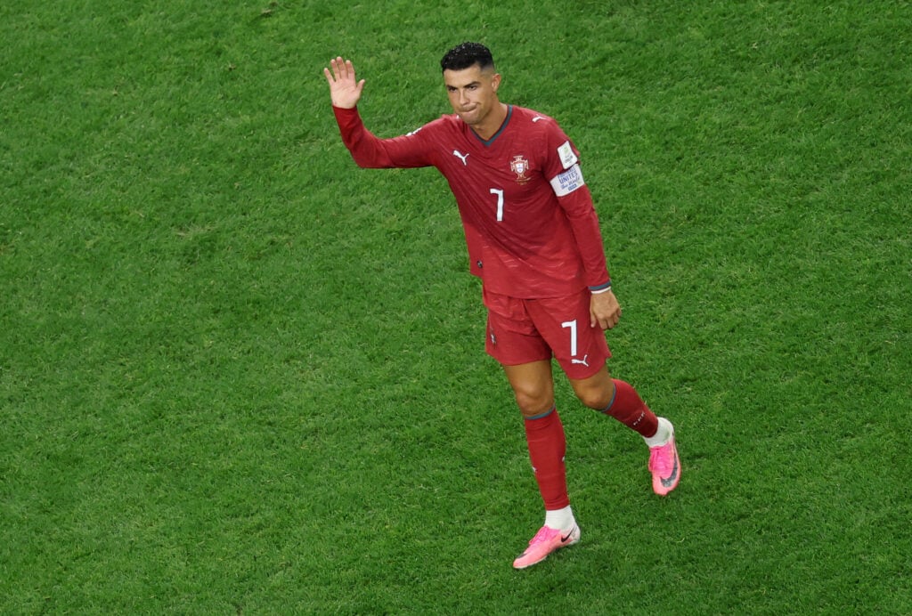 Cristiano Ronaldo #7 of Portugal shows dejection after the team's 0-1 defeat in the FIFA World Cup 2026 Round of 16 match between Portugal and Spain at Dallas Stadium on July 06, 2026 in Arlington, Texas.