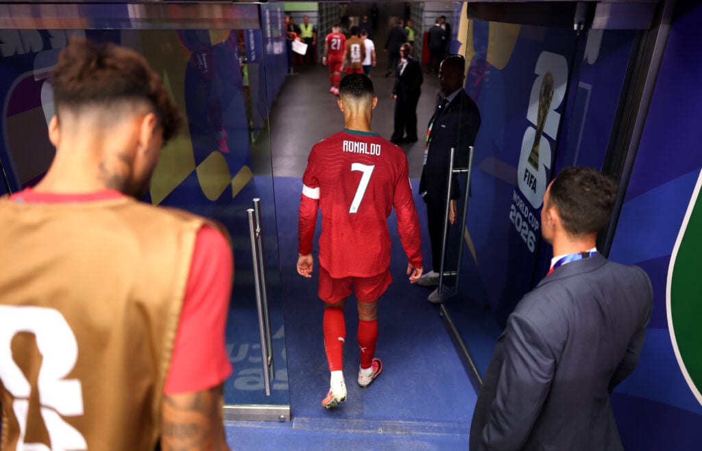 Cristiano Ronaldo #7 of Portugal walks off the pitch after the team's 0-1 defeat in the FIFA World Cup 2026 Round of 16 match between Portugal and Spain at Dallas Stadium on July 06, 2026 in Arlington, Texas.