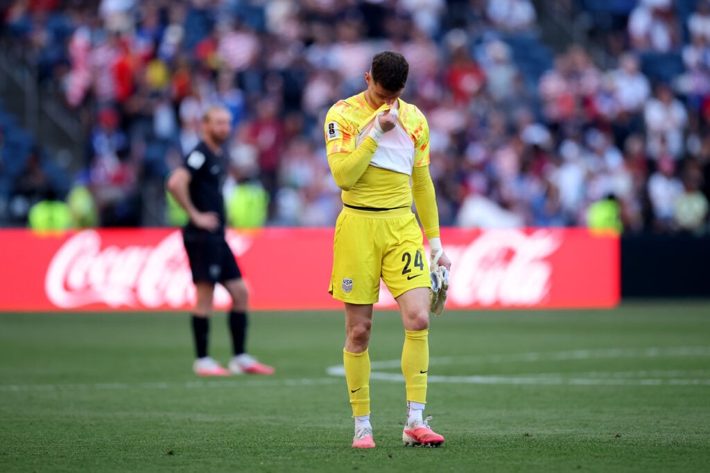 Matt Freese #24 of the United States shows dejection after the team's 1-4 defeat in the FIFA World Cup 2026 Round of 16 match between USA and Belgium at Seattle Stadium.