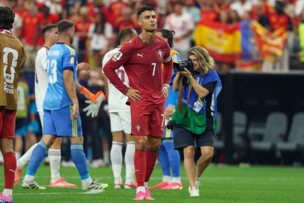Cristiano Ronaldo #7 of Portugal looks on during the FIFA World Cup 2026 Round Of 16 match between Portugal and Spain at Dallas Stadium on July 06, 2026 in Arlington, Texas.