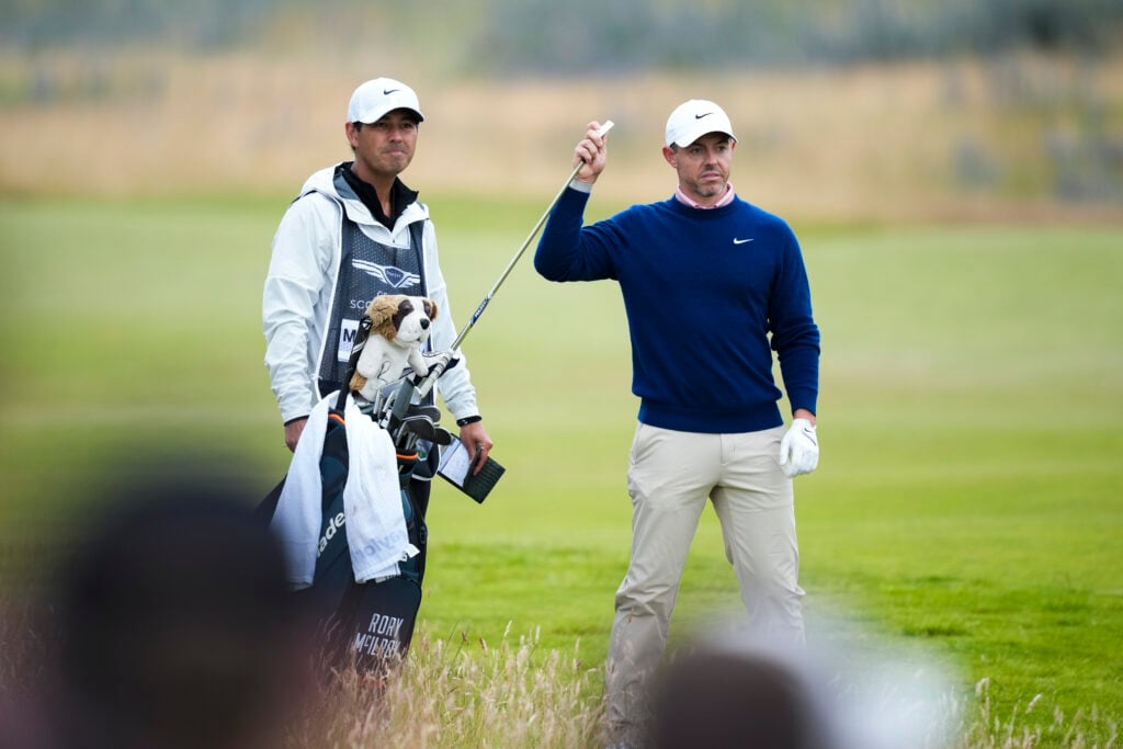 Rory McIlroy prepares to hit his approach on the first hole at The Renaissance Club during the third round of the Scottish Open