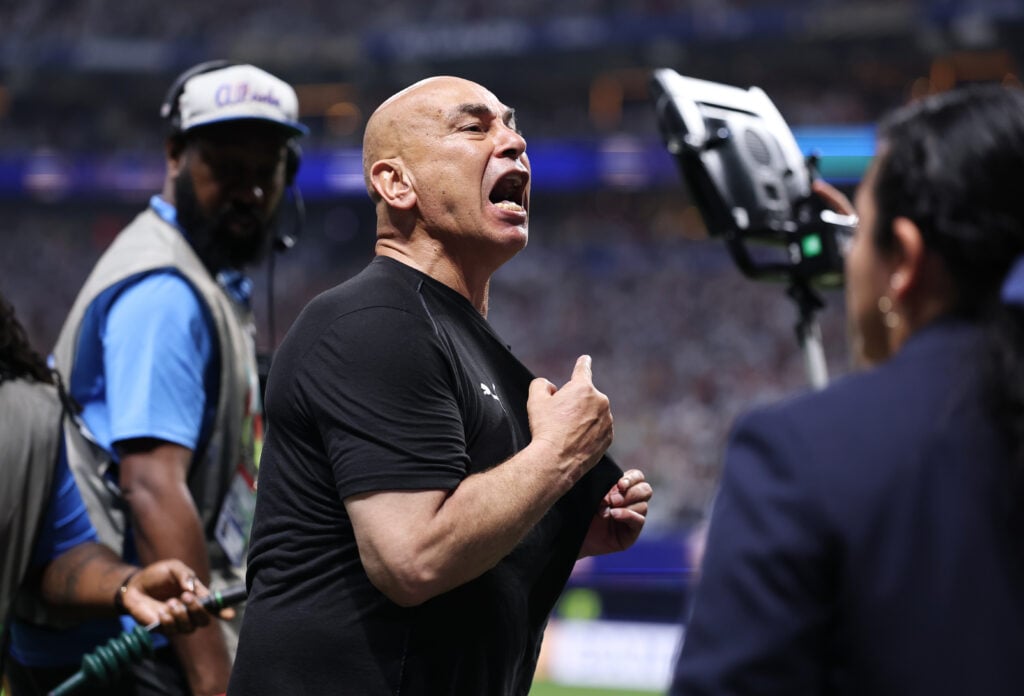 Hossam Hassan Manager / Head Coach of Egypt is shown a yellow card during the FIFA World Cup 2026 Round of 16 match between Argentina and Egypt at Atlanta Stadium on July 07, 2026 in Atlanta, Georgia.
