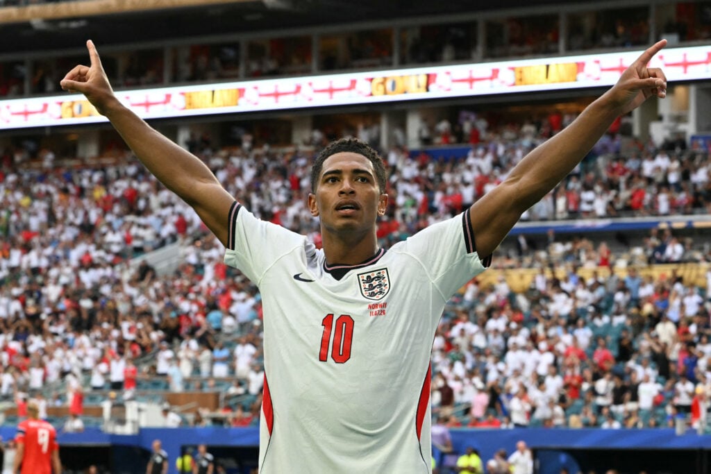 England's midfielder #10 Jude Bellingham celebrates after scoring his team's second goal during the 2026 World Cup football tournament quarter-final match between Norway and England at Miami Stadium.