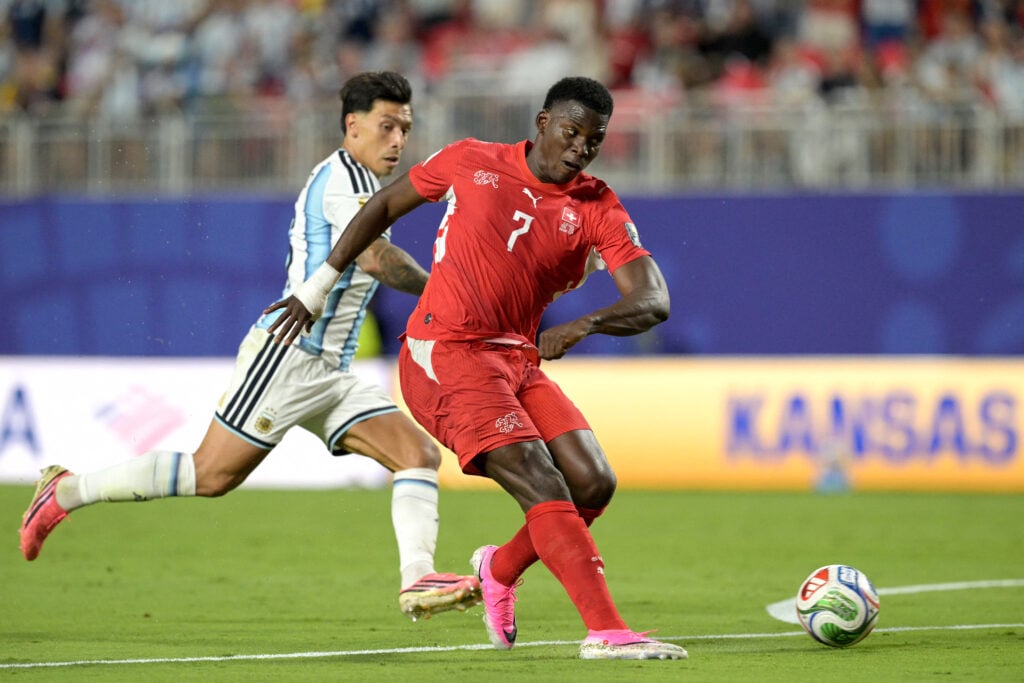 Switzerland's forward #07 Breel Embolo controls the ball during the 2026 World Cup football tournament quarter-final match between Argentina and Switzerland at the Kansas City Stadium.