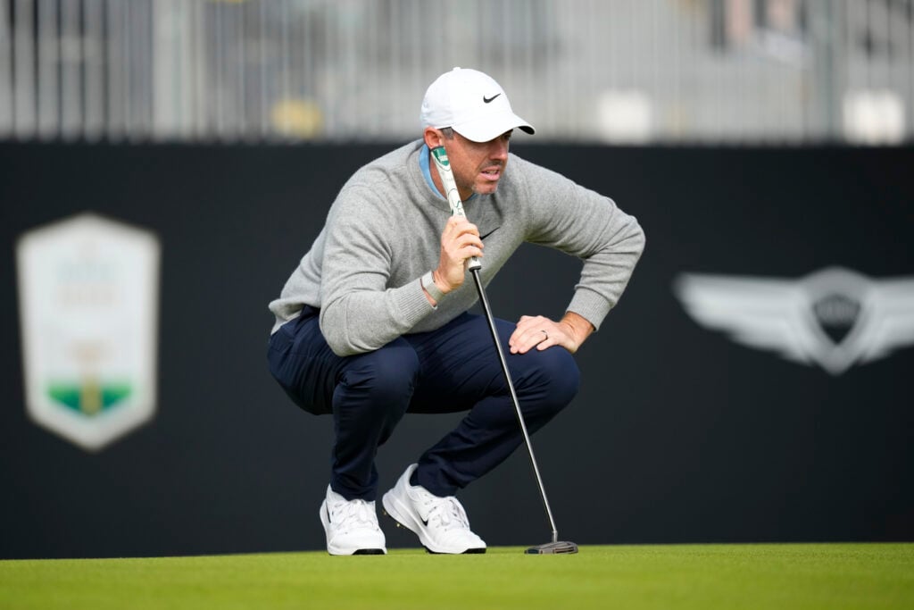 Rory McIlroy lines up a putt on the 18th hole during the final round of the Scottish Open