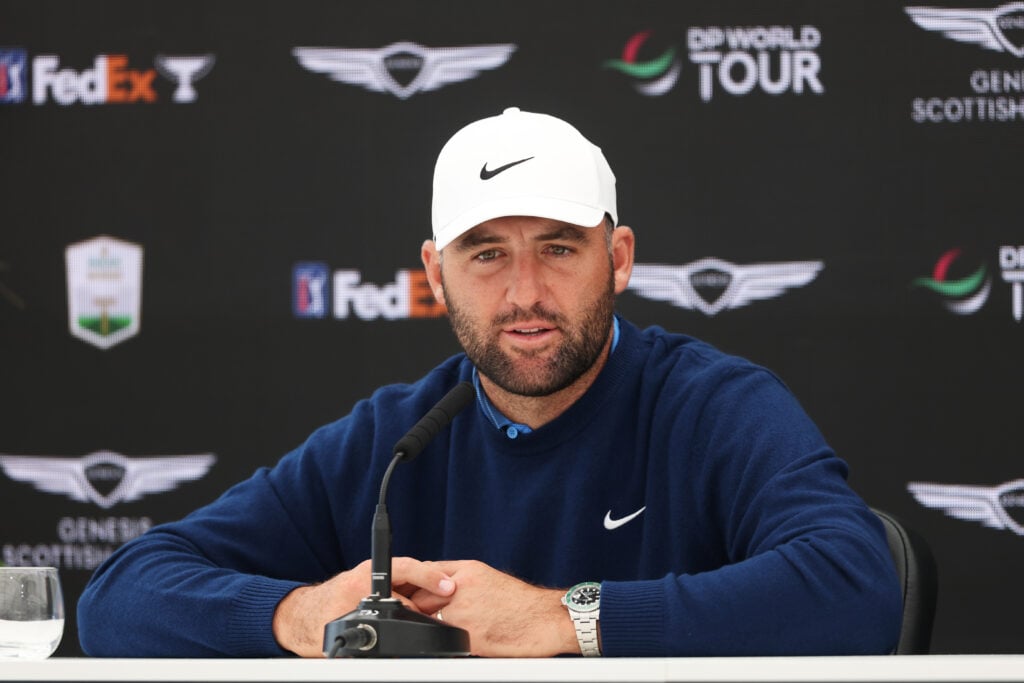 Scottie Scheffler speaks to the media prior to the Genesis Scottish Open at The Renaissance Club